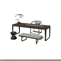 Traditional Style Wooden Tea Table and Chair With Tea Set Plant Bench and Stool