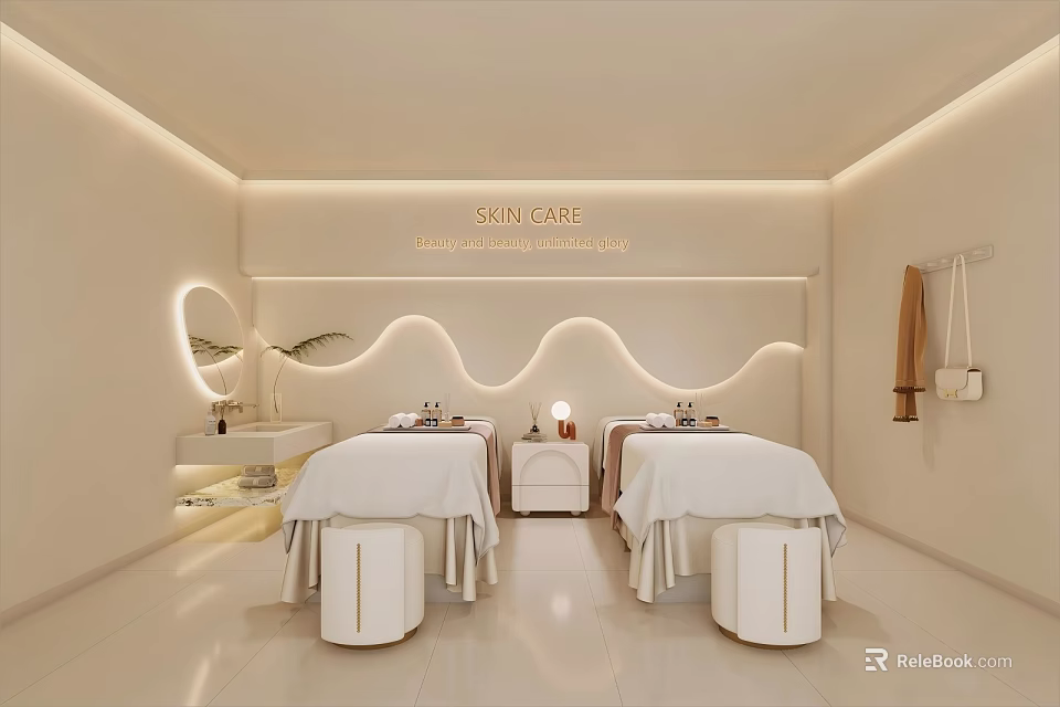 Beauty Care Salon With White Tone Two Beauty Beds Lighting Decor Green Plants And Equipment 3d model 