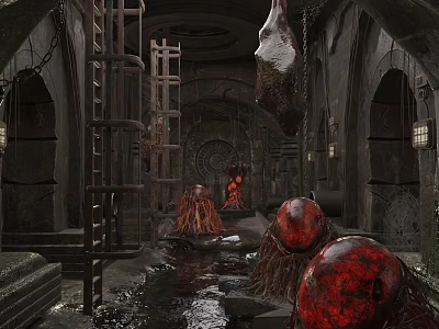 Dark Abandoned Underground Setting With Metal Ladders Rusted Pipes Hanging Meat And Red Tentacles 3d model