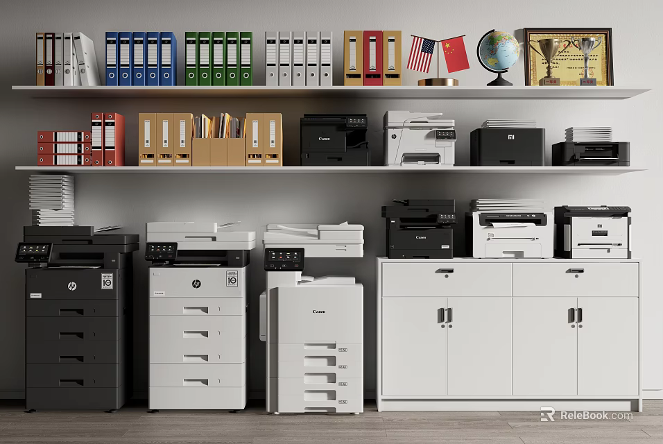 Organized Office Space With Office Appliances Printers File Cabinets Folders And Globe 3d model 