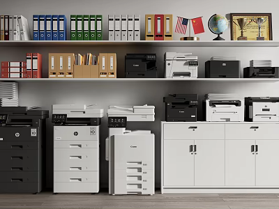 Organized Office Space With Office Appliances Printers File Cabinets Folders And Globe 3d model
