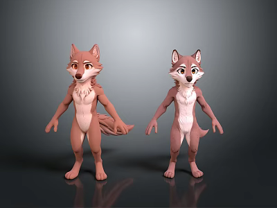 Two Cartoon Wolf 3D Characters With Brown White Fur Standing Poses And Expressions 3d model