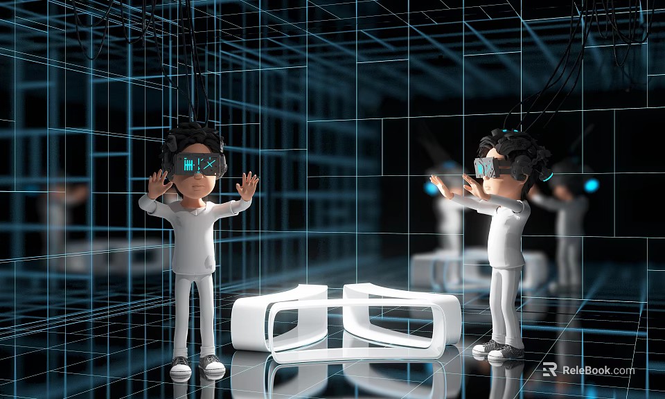 Cartoon Scene With Characters Wearing VR Headsets Against Blue Grid Background And White VR Devices 3d model 