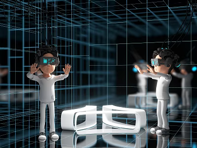 Cartoon Scene With Characters Wearing VR Headsets Against Blue Grid Background And White VR Devices 3d model