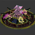 Traditional Japanese Pavilion With Black Roof Red Lanterns White Cherry Blossom Trees And Circular Path