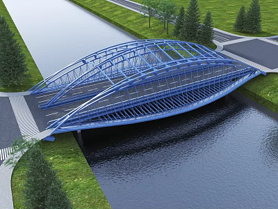 Modern Blue Bridge Over River With Grass Trees And Lane 3d model
