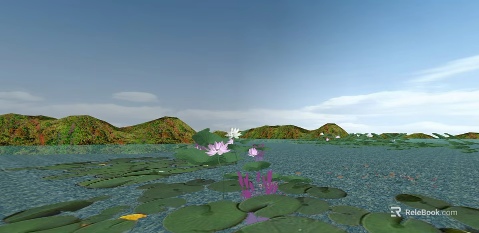 Tranquil Water Scenery with Green Lily Pads White Pink Lotus Flowers Distant Hills and Blue Sky 3d model 