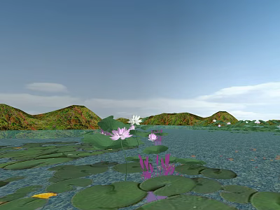 Tranquil Water Scenery with Green Lily Pads White Pink Lotus Flowers Distant Hills and Blue Sky 3d model