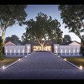 Elegant Sales Office Building Featuring Illuminated Stone Path And Lush Trees