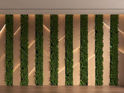 Feature Wall With Vertical Green Plants And Wooden Background With Built-in Lighting 3d model