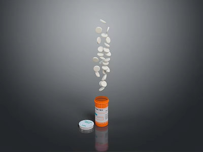 Orange Pill Bottle With Scattered Pills And Small Cap For Essential Daily Use 3d model