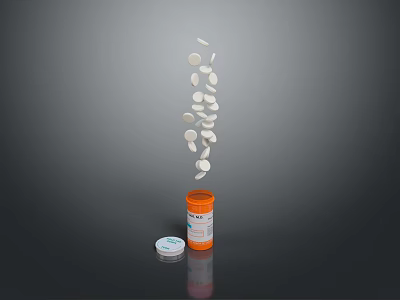 Orange Pill Bottle With Scattered Pills And Small Cap For Essential Daily Use 3d model