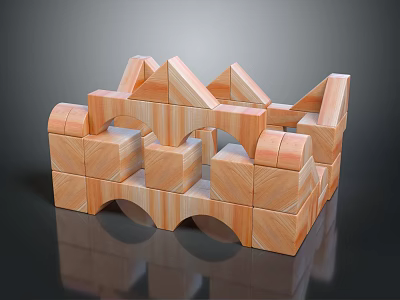 Wooden Building Blocks Creating Castle Structure With Arch Shapes And Tower Design 3d model