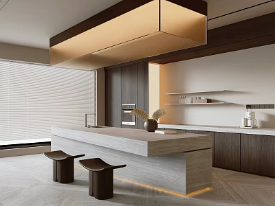 Modern Restaurant Interior With Open Kitchen Island Wooden Stools And Pendant Lighting 3d model