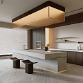 Modern Restaurant Interior With Open Kitchen Island Wooden Stools And Pendant Lighting