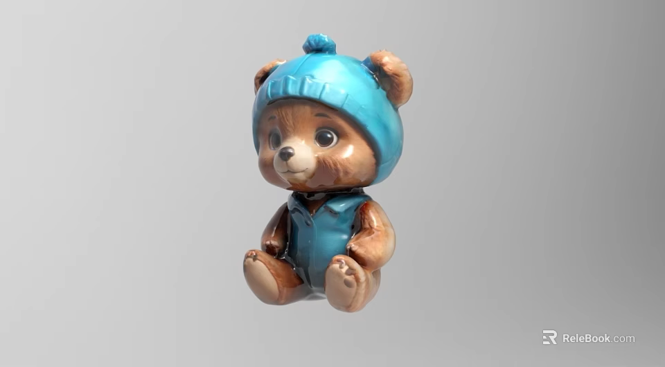 Cute Brown Teddy Bear Doll Wearing Blue Hat And Blue Vest In Sitting Position 3d model 