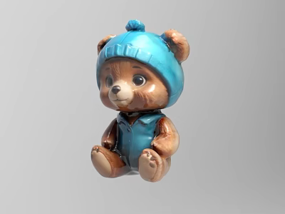 Cute Brown Teddy Bear Doll Wearing Blue Hat And Blue Vest In Sitting Position 3d model
