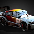 Cartoon Racing Car With Big Eyes Silver Body Red And Yellow Stripes Number 8
