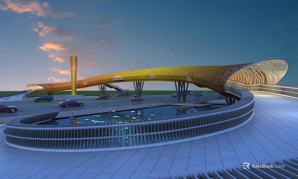 Yellow Curved Modern Bridge With Vehicles Driving Over Water Under Evening Cloudy Sky 3d model 
