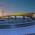 Yellow Curved Modern Bridge With Vehicles Driving Over Water Under Evening Cloudy Sky