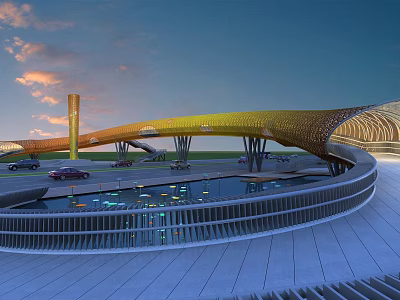 Yellow Curved Modern Bridge With Vehicles Driving Over Water Under Evening Cloudy Sky 3d model