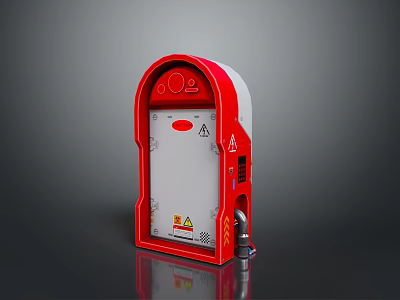 Modern Red Entry Gate With White Panel Safety Signs And Control Buttons 3d model