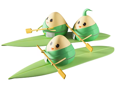 Cute Cartoon Zongzi Figurines Holding Yellow Paddles Rowing On Green Leaves With Smiling Faces 3d model