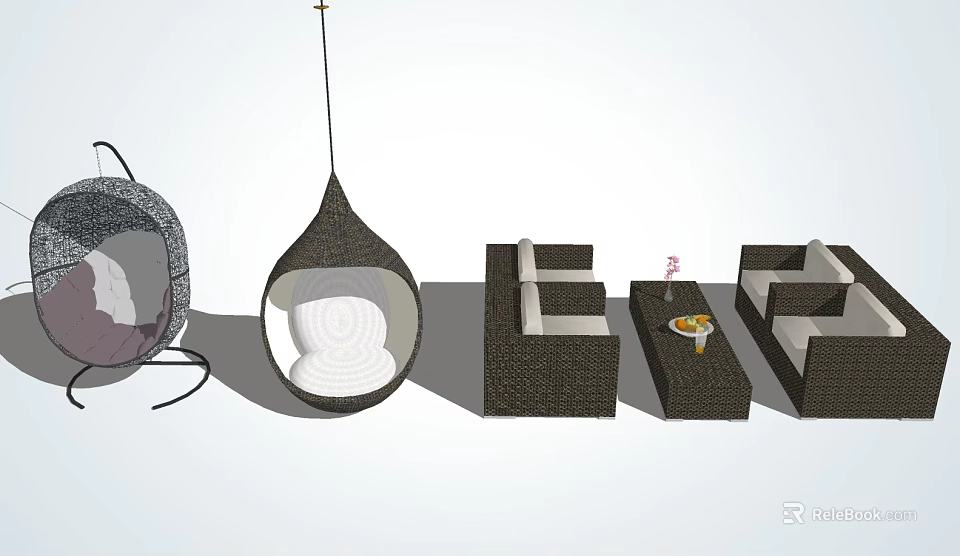 Stylish Woven Hanging Chair With Outdoor Sofa Set And Coffee Table 3d model 