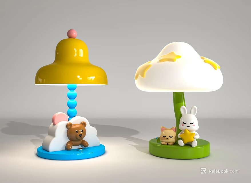 Cute Children's Table Lamps Yellow Bell Blue Base Bear White Cloud Green Base Rabbit Cat 3d model 