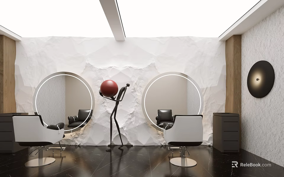 Modern Hair Salon Interior With Round Mirrors White Textured Walls And Red Decor Sphere 3d model 