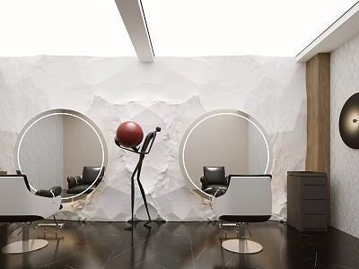 Modern Hair Salon Interior With Round Mirrors White Textured Walls And Red Decor Sphere 3d model