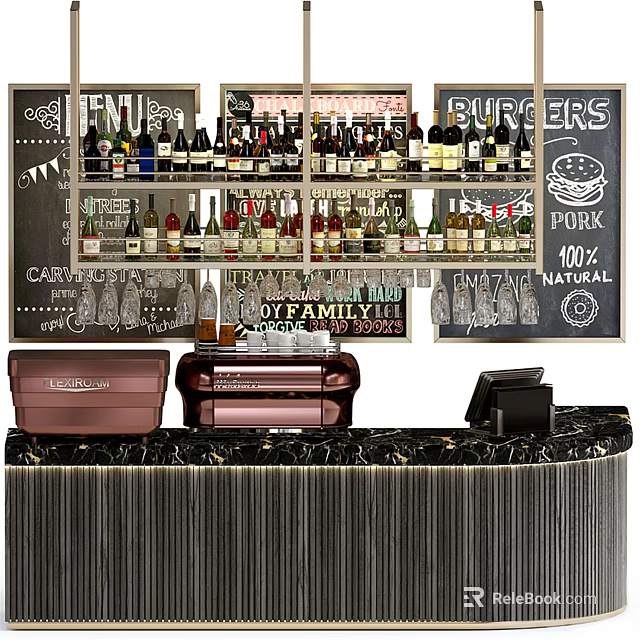 Reception Counter with Wine Bottles on Shelves Menu Boards Coffee Machine and Cash Register 3d model 