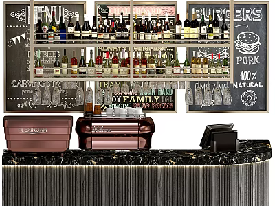 Reception Counter with Wine Bottles on Shelves Menu Boards Coffee Machine and Cash Register 3d model