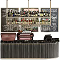 Reception Counter with Wine Bottles on Shelves Menu Boards Coffee Machine and Cash Register