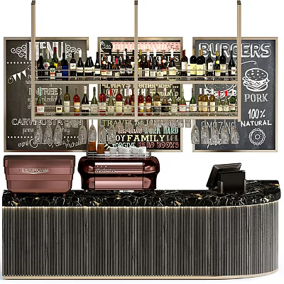 Reception Counter with Wine Bottles on Shelves Menu Boards Coffee Machine and Cash Register 3d model