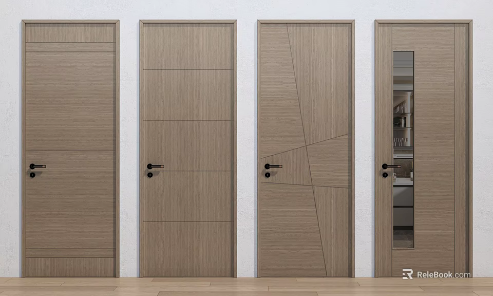 Wooden Swing Doors With Various Geometric Patterns And Glass Panel Design 3d model