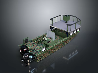 Military Boat Model With Camouflage Pattern Cockpit Rear Engines And Upper Deck Structure 3d model
