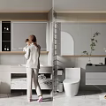 Sleek Modern Bathroom Set with Marble Countertop Wall Mirror Toilet Storage Cabinets and Potted Plant