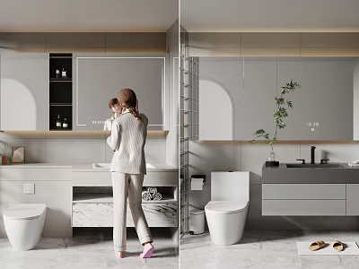 Sleek Modern Bathroom Set with Marble Countertop Wall Mirror Toilet Storage Cabinets and Potted Plant 3d model