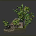 Log Cabin Model Scene With Green Trees Vintage Car Fence and Stone Path