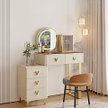 Elegant Vanity Table with Round Mirror Gold Drawers Decorative Pendant Lights and Brown Stool