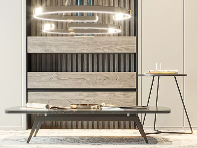 Modern Coffee Table With Glass Top Metal Legs And Wooden Panel Wall With Hanging Lamp 3d model