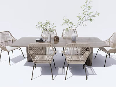 Outdoor Garden Table With Modern Wooden Tabletop And Woven Chairs With Green Plants 3d model