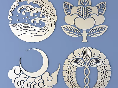 Intricate Carvings With Wave Flower Moon Cloud And Wreath 3d model