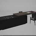Modern Bar Counter With Wooden Top Black Cabinets Gas Stove And Chairs