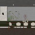 Modern Restaurant Interior With Long Dining Table Green Booth Seating Large Windows And Plants Outside 3d model