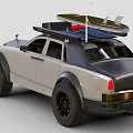 Silver Off Road Style Car with Surfboard Red Light on Roof and Front Grille Design