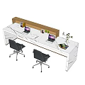 Modern Reception Desk With White Countertop Wooden Back Panel Laptops Office Chairs And Green Plants