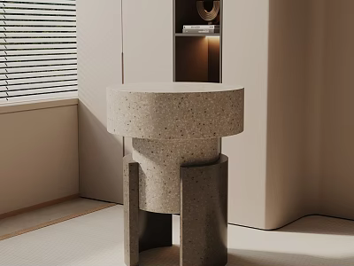 Round Concrete Side Table In Modern Room With Lighted Shelves And Window Blinds 3d model