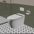 Modern Smart Toilet With Floral Pattern On Green Wall And Black White Patterned Floor